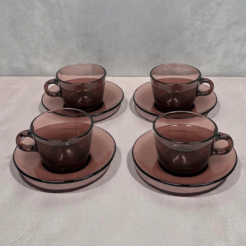 Vintage Vereco France Amethyst Glass‎ Cup Saucer SET OF 4 Espresso Tea Coffee